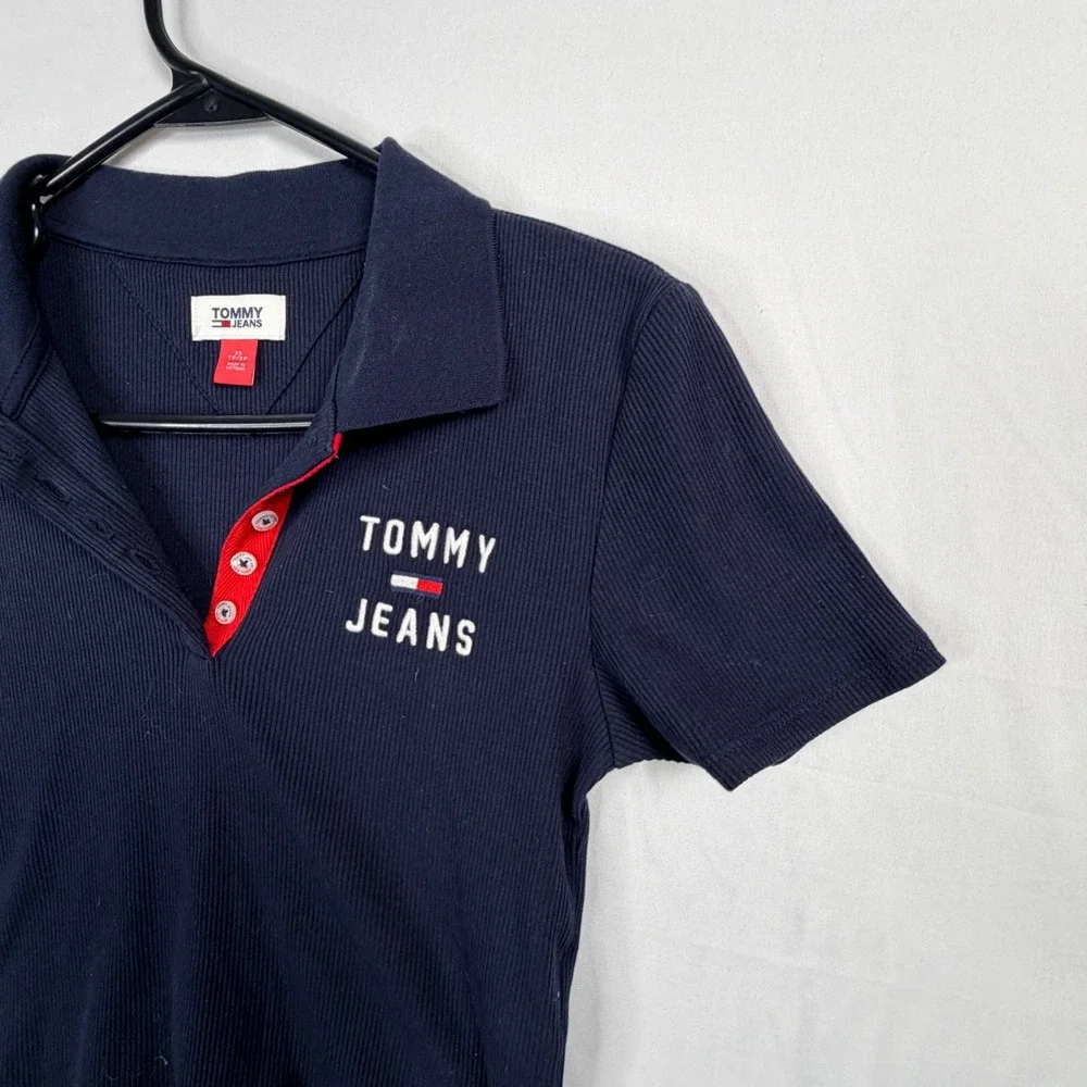 Tommy Jeans Womens Navy Blue Ribbed Cropped Polo Shirt XS Embroidered Logo